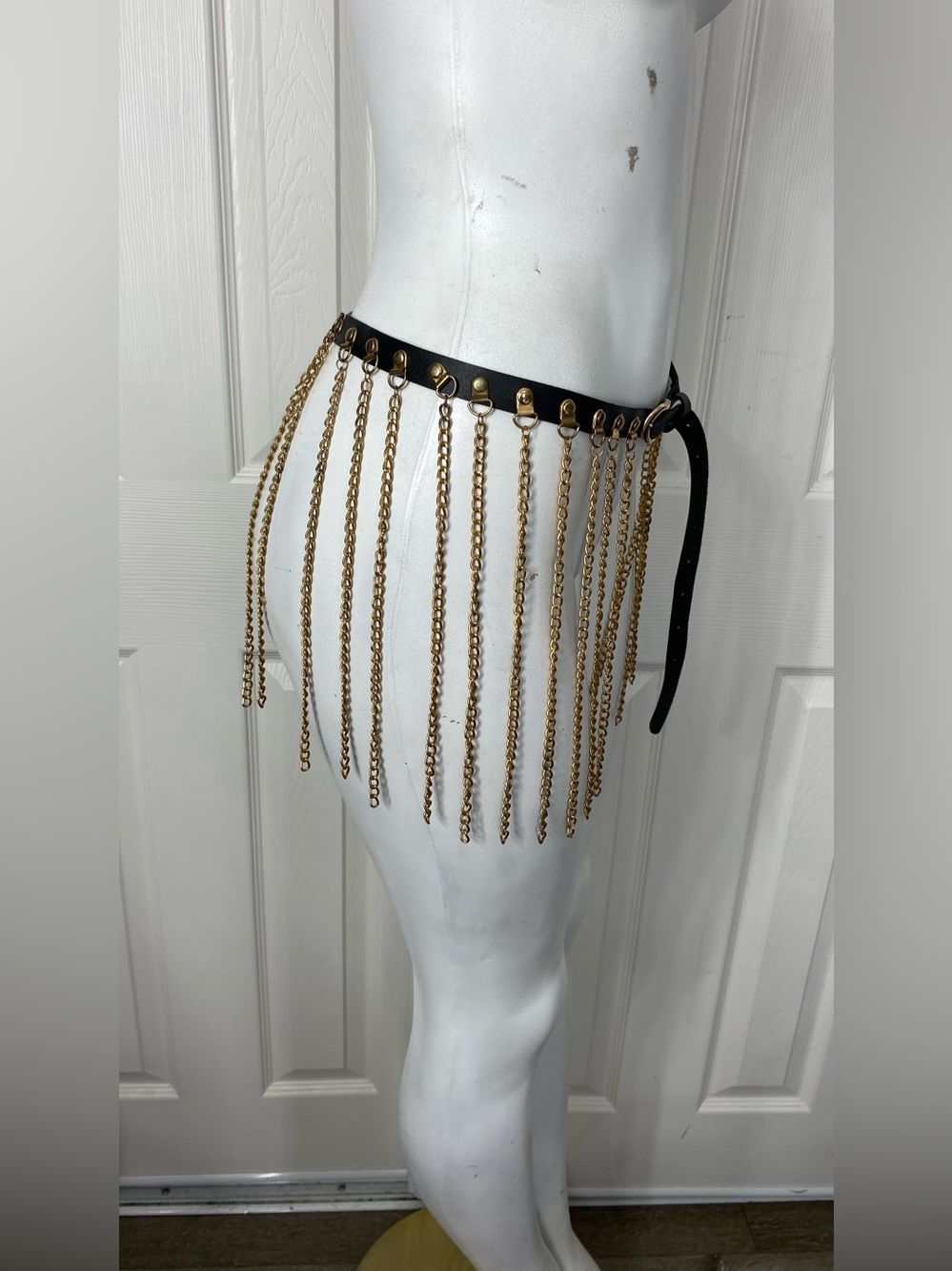 Black Leather Belt with Gold Chain Fringe - Picture 3 of 8